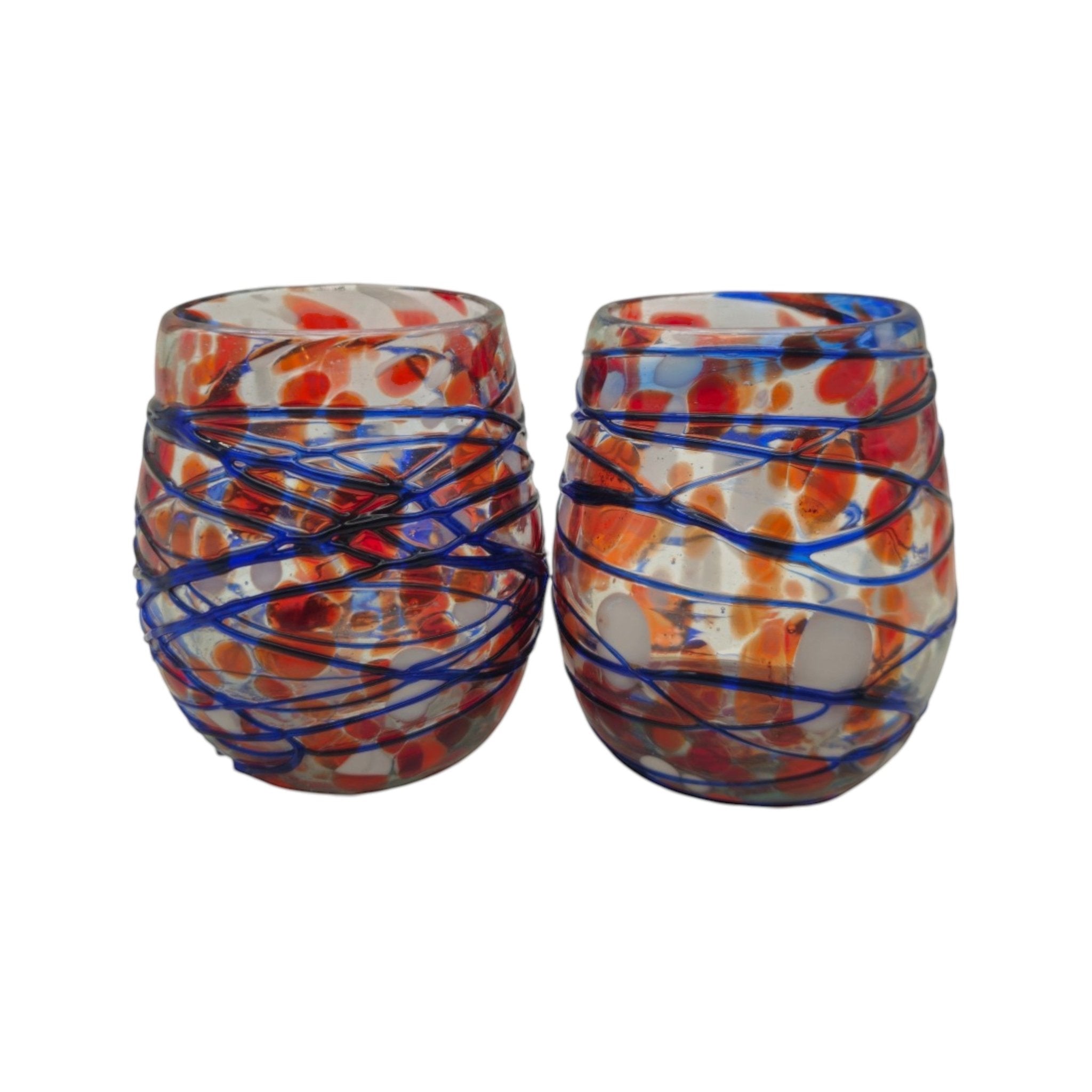 Mexican Stemless Wine Glass | Hand-Blown Orange & Blue Swirl Mexican Wine Glass La Vie Bien Mexican Stemless Wine Glass | Hand-Blown Orange & Blue Swirl