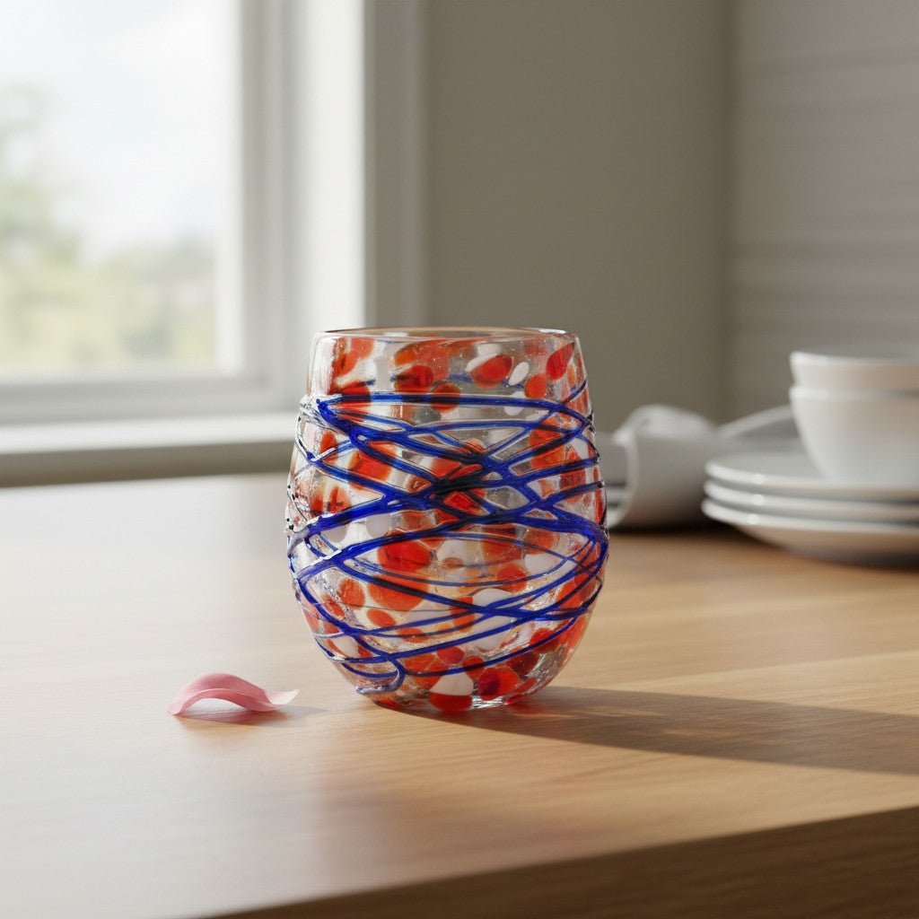 Mexican Stemless Wine Glass | Hand-Blown Orange & Blue Swirl Mexican Wine Glass La Vie Bien Mexican Stemless Wine Glass | Hand-Blown Orange & Blue Swirl