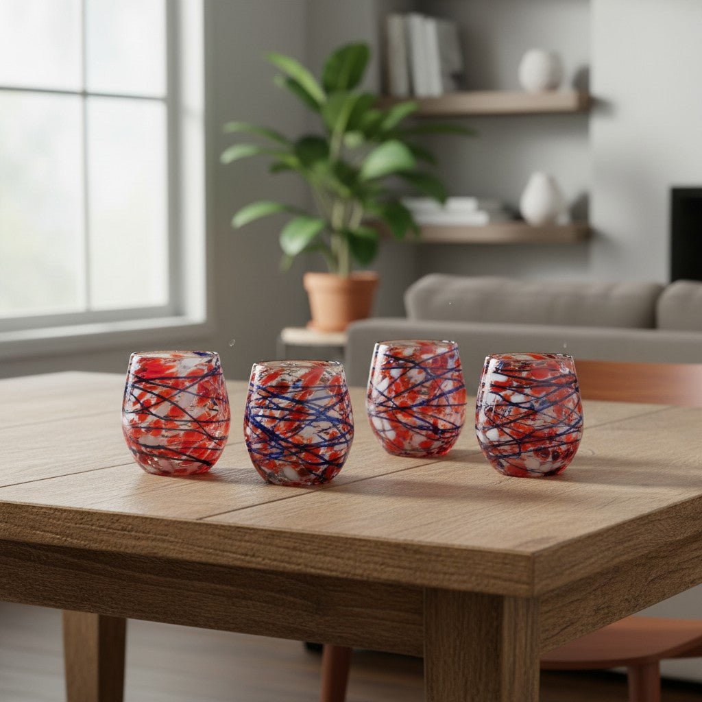 Mexican Stemless Wine Glass | Hand-Blown Orange & Blue Swirl Mexican Wine Glass La Vie Bien Mexican Stemless Wine Glass | Hand-Blown Orange & Blue Swirl