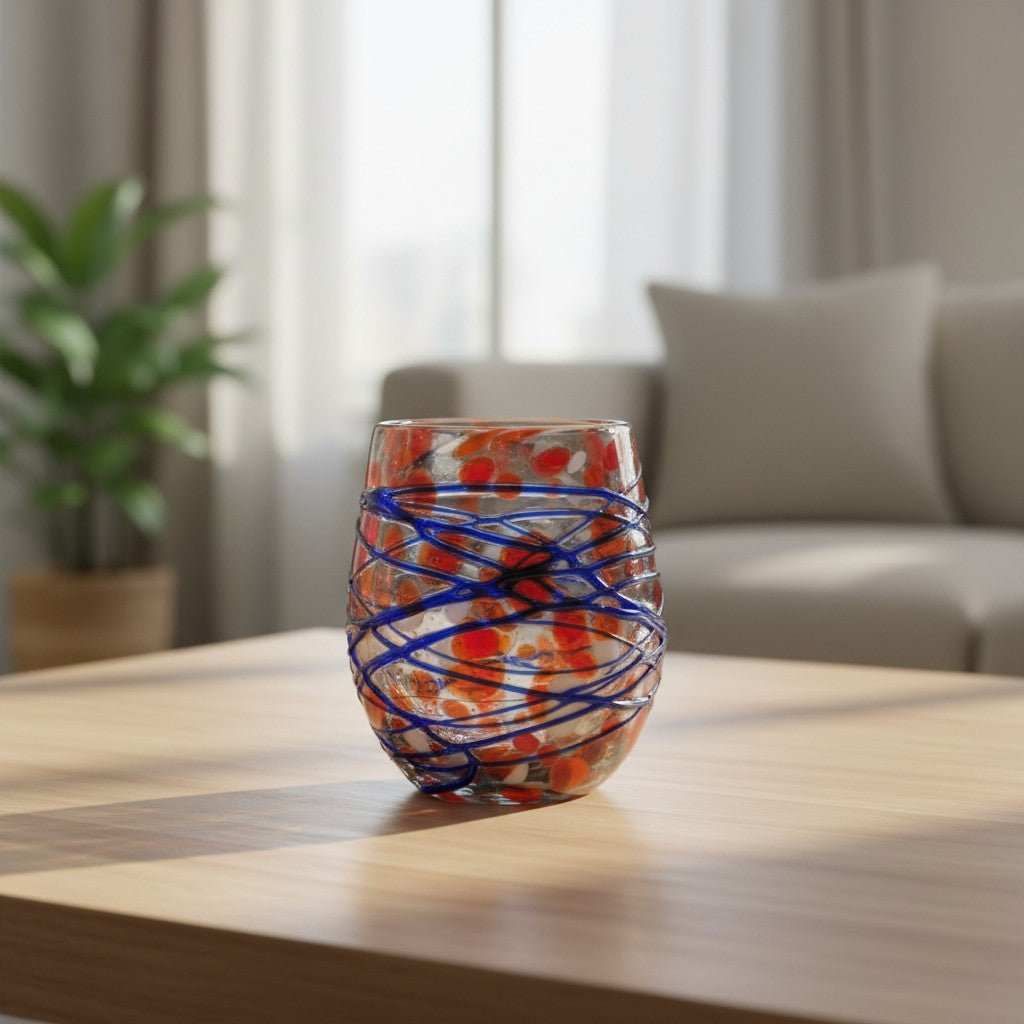 Mexican Stemless Wine Glass | Hand-Blown Orange & Blue Swirl Mexican Wine Glass La Vie Bien Mexican Stemless Wine Glass | Hand-Blown Orange & Blue Swirl