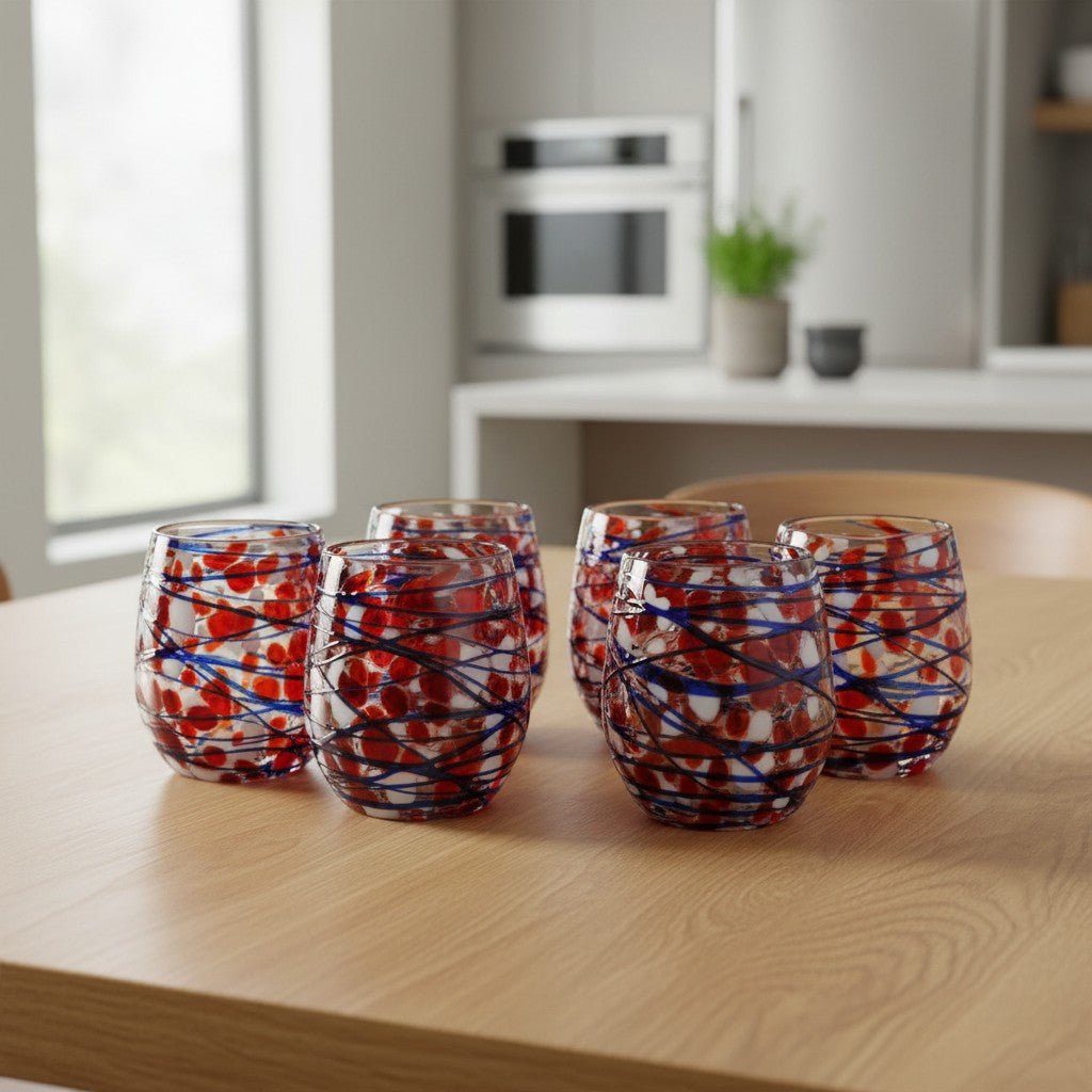 Mexican Stemless Wine Glass | Hand-Blown Orange & Blue Swirl Mexican Wine Glass La Vie Bien Mexican Stemless Wine Glass | Hand-Blown Orange & Blue Swirl