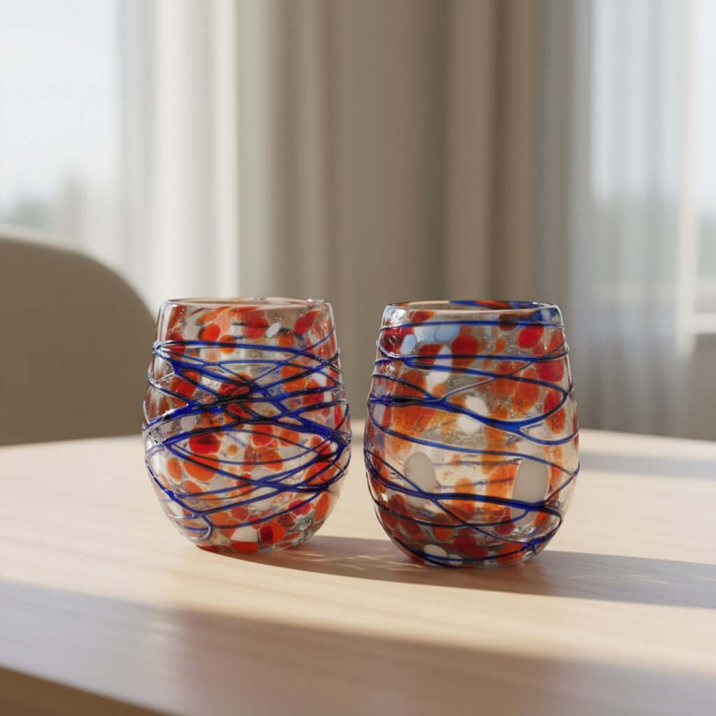 Mexican Stemless Wine Glass | Hand-Blown Orange & Blue Swirl Mexican Wine Glass La Vie Bien Mexican Stemless Wine Glass | Hand-Blown Orange & Blue Swirl