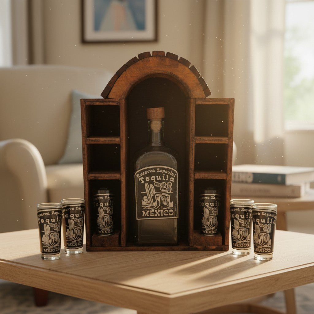 Mexican Tequila Decanter Set | 6 Shot Glasses & Wooden Display Mexican Decanter La Vie Bien Mexican Tequila Decanter Set | 6 Shot Glasses & Wooden Display