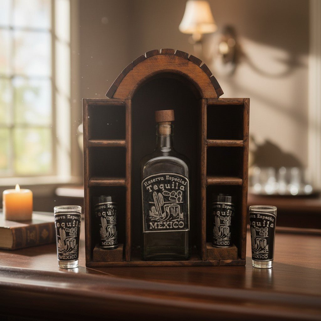 Mexican Tequila Decanter Set | 6 Shot Glasses & Wooden Display Mexican Decanter La Vie Bien Mexican Tequila Decanter Set | 6 Shot Glasses & Wooden Display