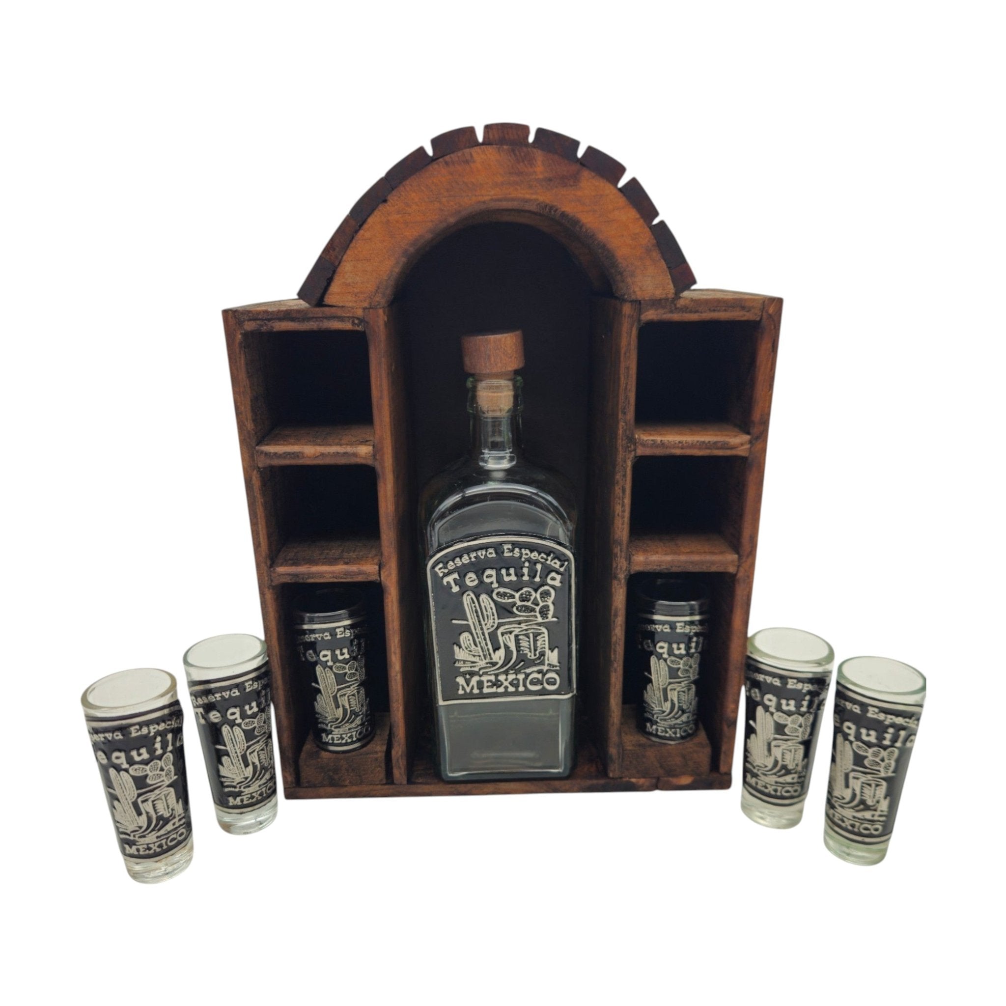 Mexican Tequila Decanter Set | 6 Shot Glasses & Wooden Display Mexican Decanter La Vie Bien Mexican Tequila Decanter Set | 6 Shot Glasses & Wooden Display