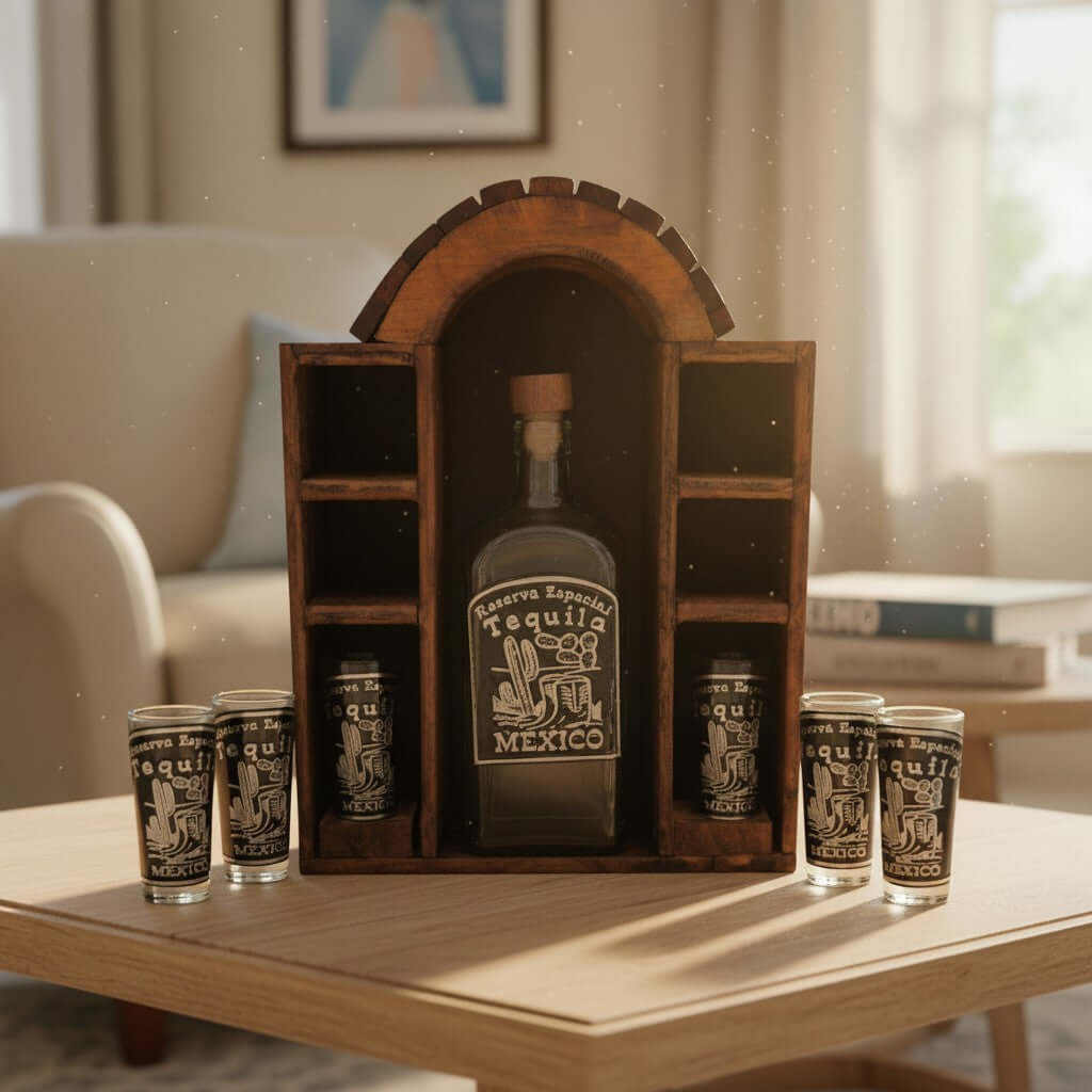 Mexican Tequila Decanter Set | 6 Shot Glasses & Wooden Display Mexican Decanter La Vie Bien Mexican Tequila Decanter Set | 6 Shot Glasses & Wooden Display