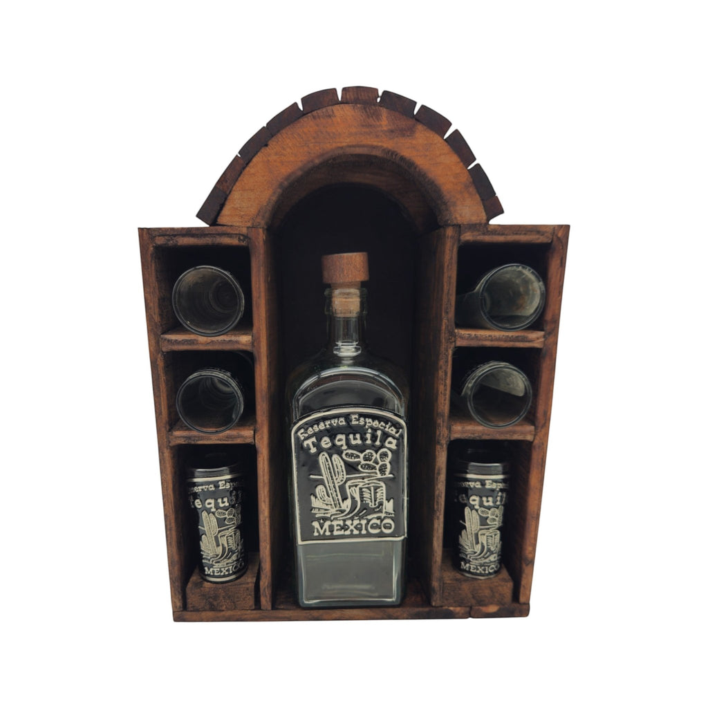 Mexican Tequila Decanter Set | 6 Shot Glasses & Wooden Display Mexican Decanter La Vie Bien Mexican Tequila Decanter Set | 6 Shot Glasses & Wooden Display