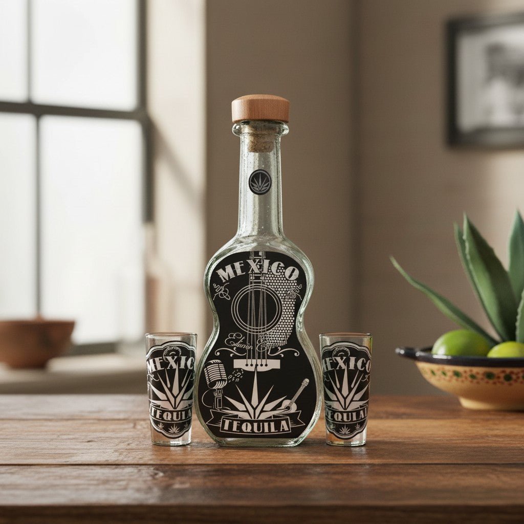Mexican Tequila Decanter Set | Guitar Design with Shot Glasses Mexican Decanter La Vie Bien Mexican Tequila Decanter Set | Guitar Design with Shot Glasses