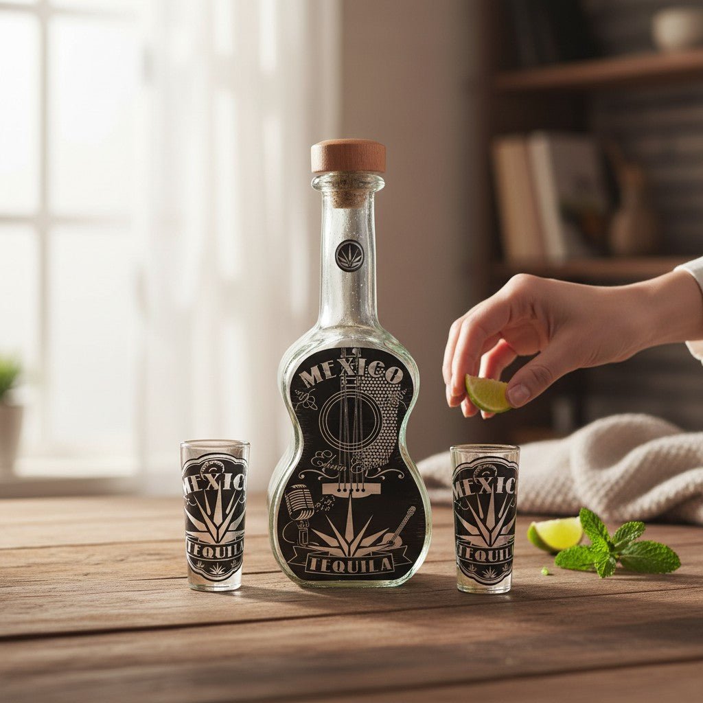 Mexican Tequila Decanter Set | Guitar Design with Shot Glasses Mexican Decanter La Vie Bien Mexican Tequila Decanter Set | Guitar Design with Shot Glasses