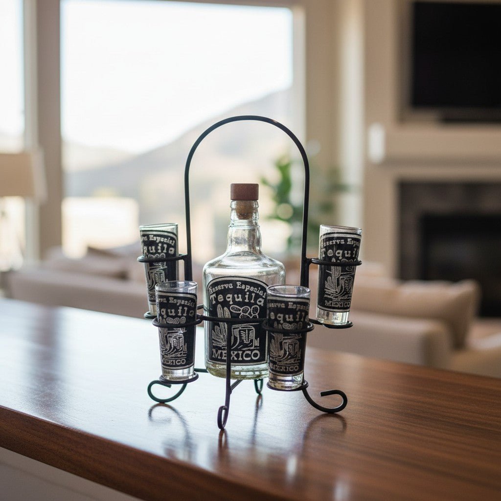 Mexican Tequila Decanter Set | Handmade Metal Holder Mexican Decanter La Vie Bien Mexican Tequila Decanter Set | Handmade Metal Holder