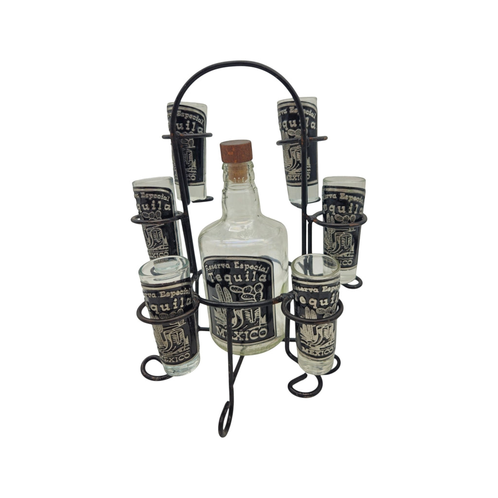 Mexican Tequila Decanter Set | Handmade Metal Holder Mexican Decanter La Vie Bien Mexican Tequila Decanter Set | Handmade Metal Holder