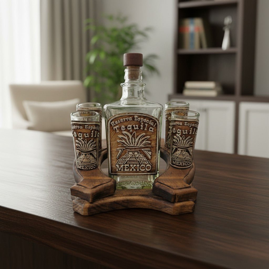 Mexican Tequila Decanter Set | Rustic Horseshoe Wood Display Mexican Decanter La Vie Bien Mexican Tequila Decanter Set | Rustic Horseshoe Wood Display