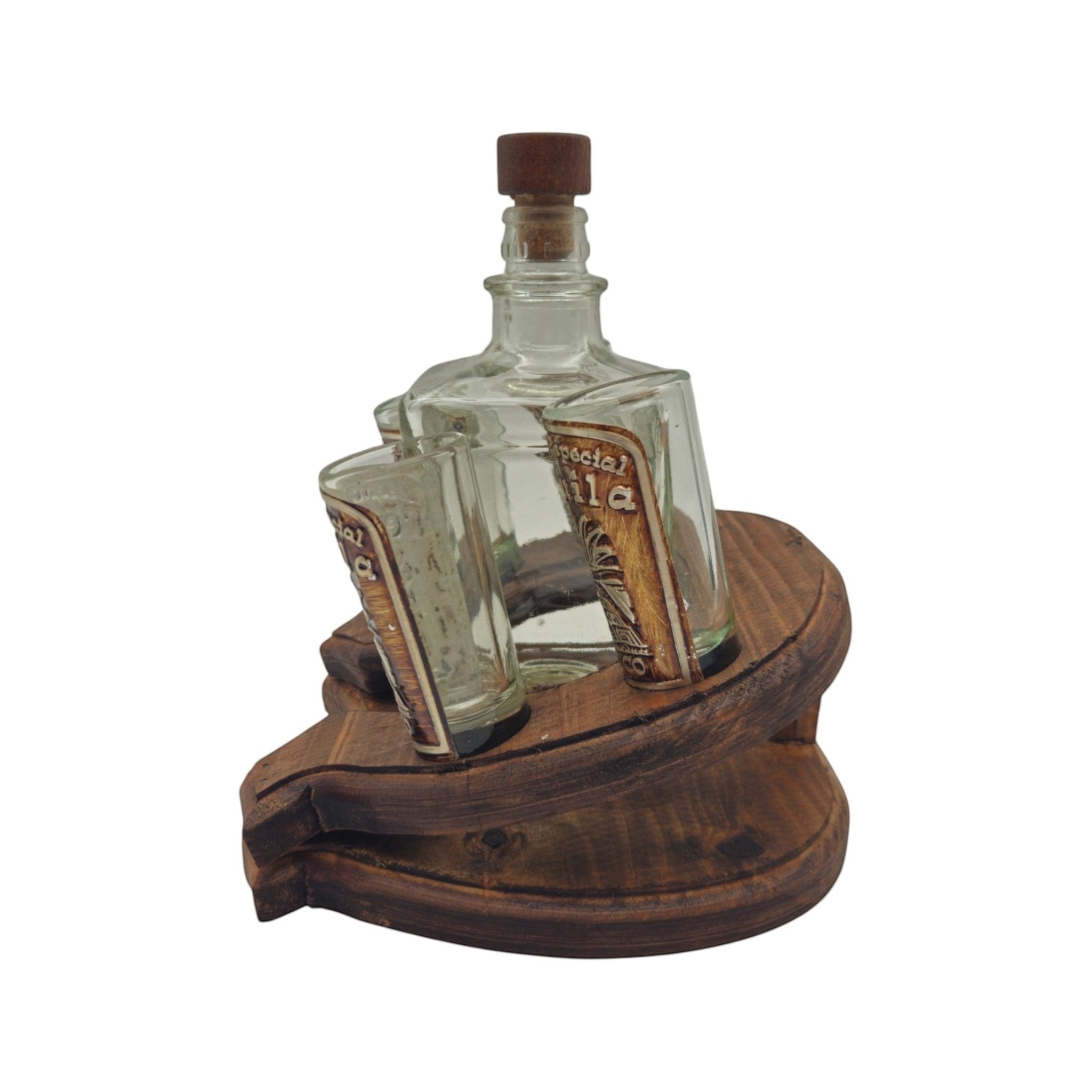 Mexican Tequila Decanter Set | Rustic Horseshoe Wood Display Mexican Decanter La Vie Bien Mexican Tequila Decanter Set | Rustic Horseshoe Wood Display