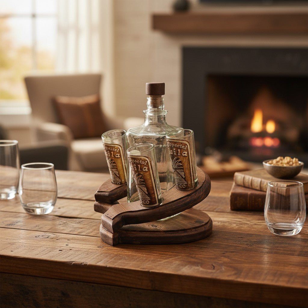 Mexican Tequila Decanter Set | Rustic Horseshoe Wood Display Mexican Decanter La Vie Bien Mexican Tequila Decanter Set | Rustic Horseshoe Wood Display