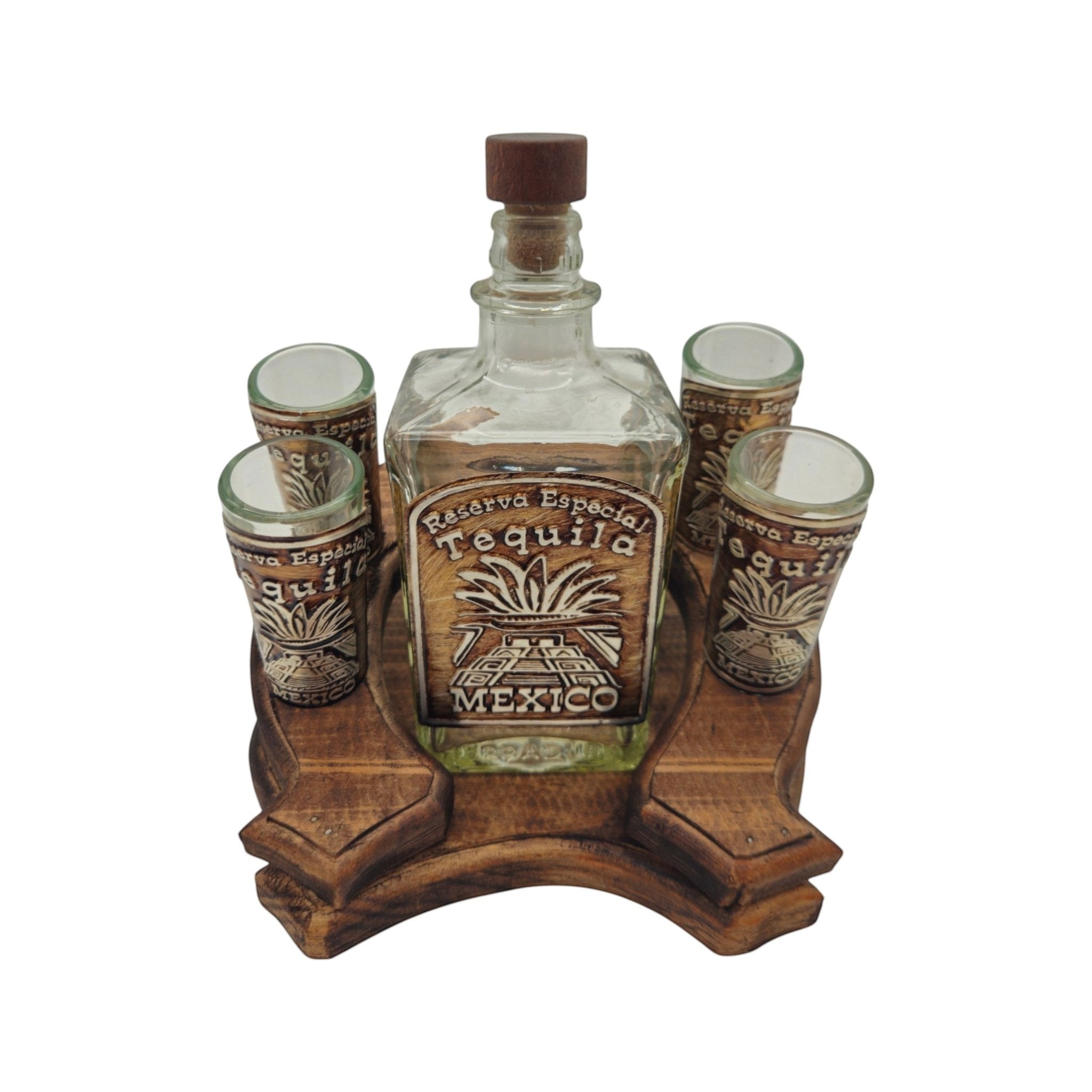 Mexican Tequila Decanter Set | Rustic Horseshoe Wood Display Mexican Decanter La Vie Bien Mexican Tequila Decanter Set | Rustic Horseshoe Wood Display