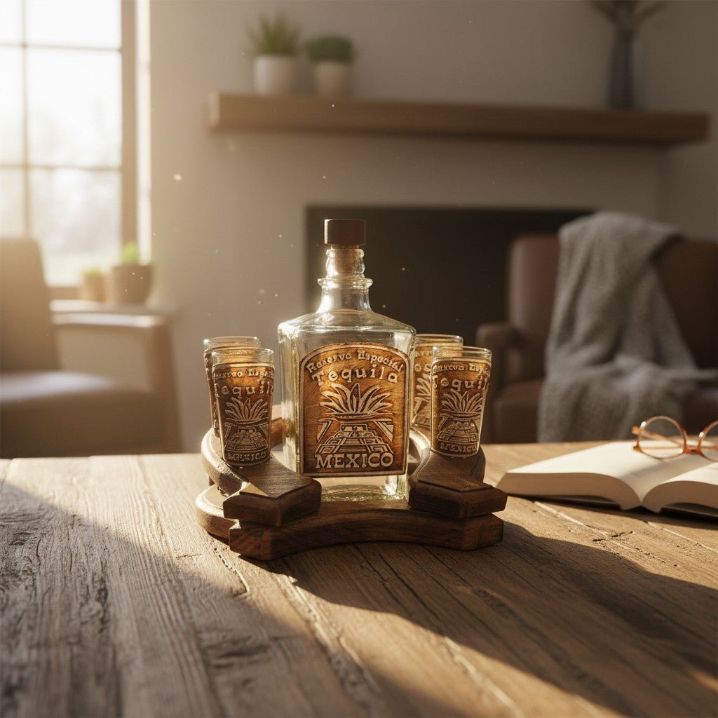 Mexican Tequila Decanter Set | Rustic Horseshoe Wood Display Mexican Decanter La Vie Bien Mexican Tequila Decanter Set | Rustic Horseshoe Wood Display