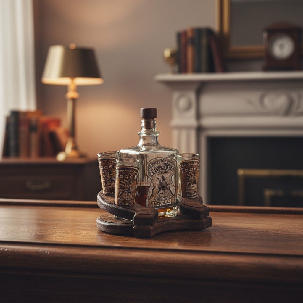 Mexican Tequila Decanter Set | Rustic Horseshoe Wood Display Mexican Decanter La Vie Bien Mexican Tequila Decanter Set | Rustic Horseshoe Wood Display
