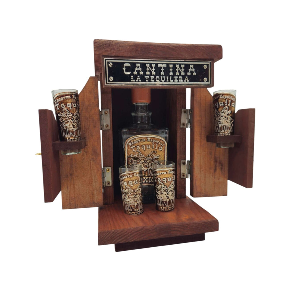 Mexican Tequila Decanter Set | Wooden Cantina Box & 4 Shot Glasses Mexican Decanter La Vie Bien Mexican Tequila Decanter Set | Wooden Cantina Box & 4 Shot Glasses