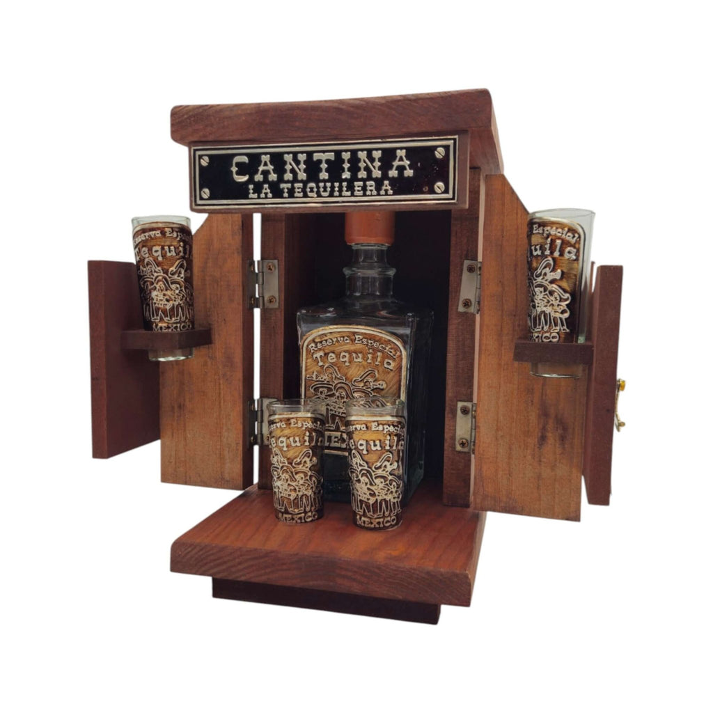 Mexican Tequila Decanter Set | Wooden Cantina Box & 4 Shot Glasses Mexican Decanter La Vie Bien Mexican Tequila Decanter Set | Wooden Cantina Box & 4 Shot Glasses
