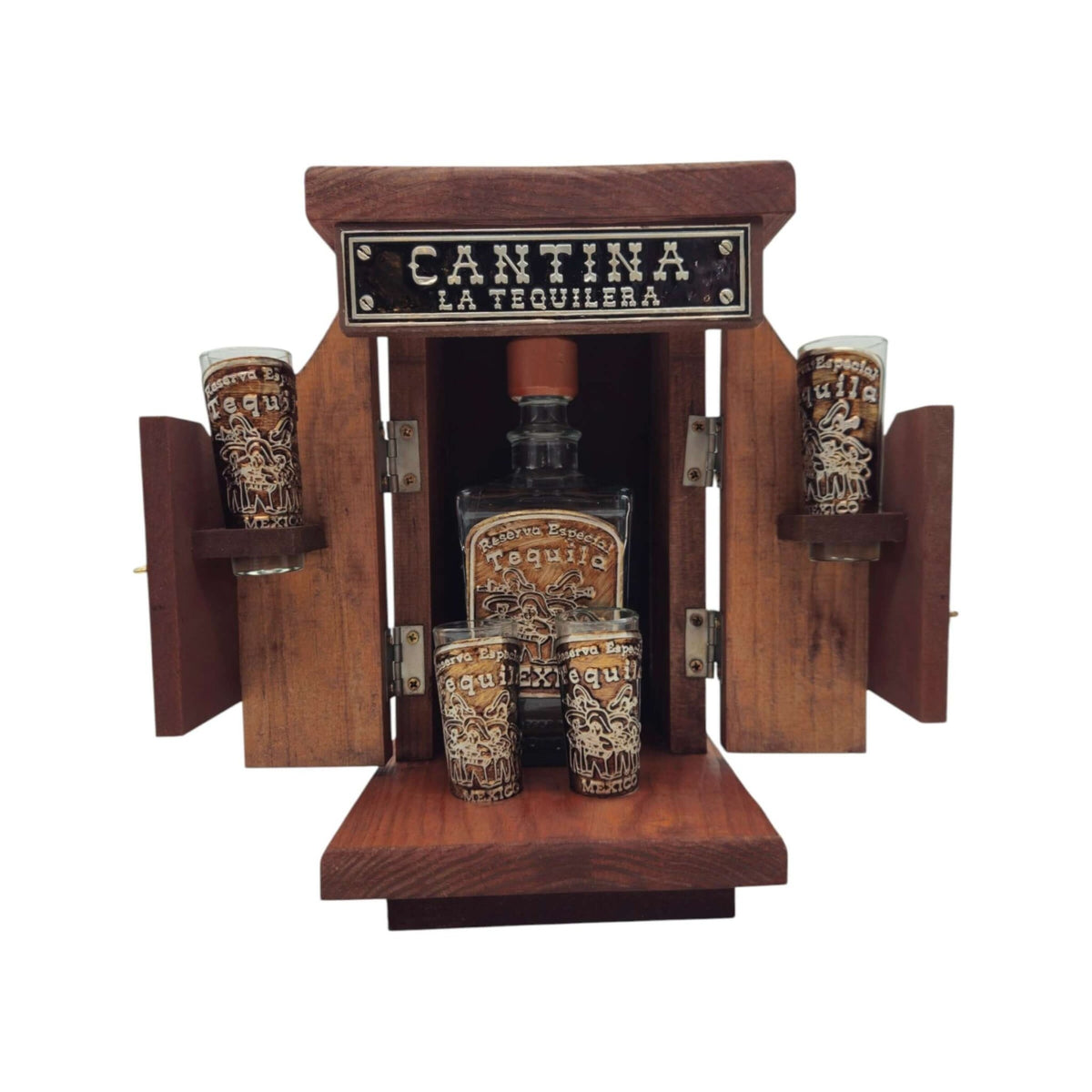 Mexican Tequila Decanter Set | Wooden Cantina Box & 4 Shot Glasses Mexican Decanter La Vie Bien Mexican Tequila Decanter Set | Wooden Cantina Box & 4 Shot Glasses