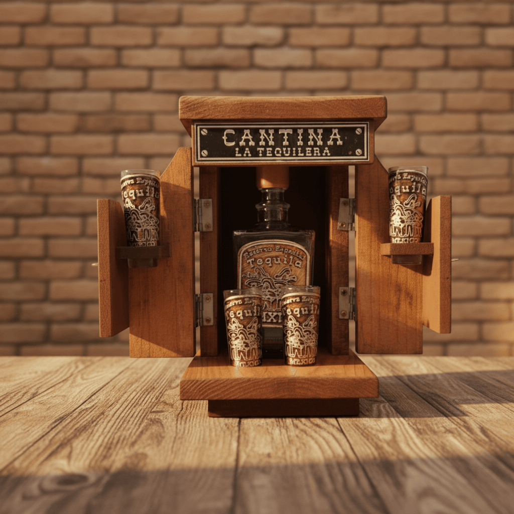 Mexican Tequila Decanter Set | Wooden Cantina Box & 4 Shot Glasses Mexican Decanter La Vie Bien Mexican Tequila Decanter Set | Wooden Cantina Box & 4 Shot Glasses