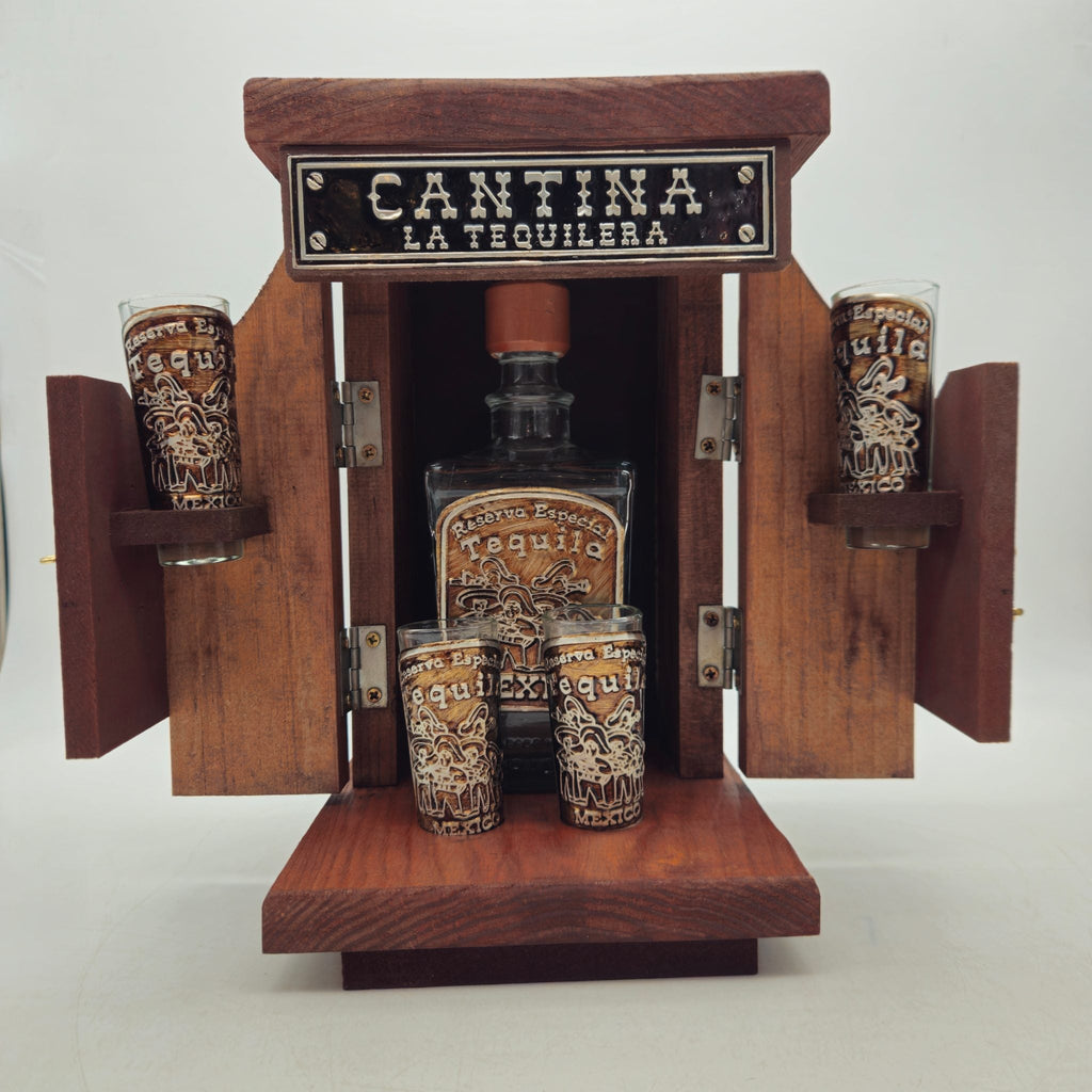 Mexican Tequila Decanter Set | Wooden Cantina Box & 4 Shot Glasses