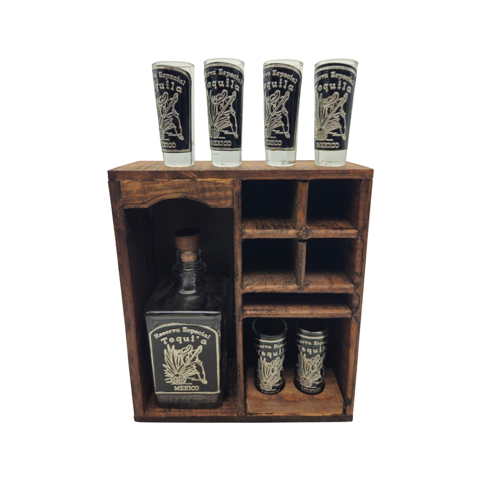 Mexican Tequila Decanter & Shot Glass Set | Rustic Wooden Display Mexican Decanter La Vie Bien Mexican Tequila Decanter & Shot Glass Set | Rustic Wooden Display