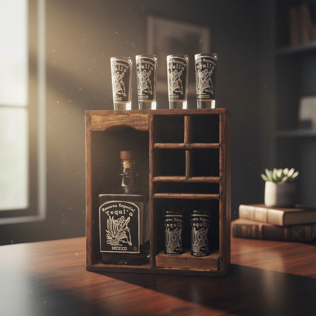 Mexican Tequila Decanter & Shot Glass Set | Rustic Wooden Display Mexican Decanter La Vie Bien Mexican Tequila Decanter & Shot Glass Set | Rustic Wooden Display