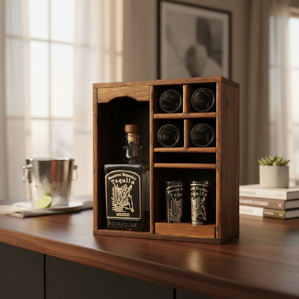 Mexican Tequila Decanter & Shot Glass Set | Rustic Wooden Display Mexican Decanter La Vie Bien Mexican Tequila Decanter & Shot Glass Set | Rustic Wooden Display