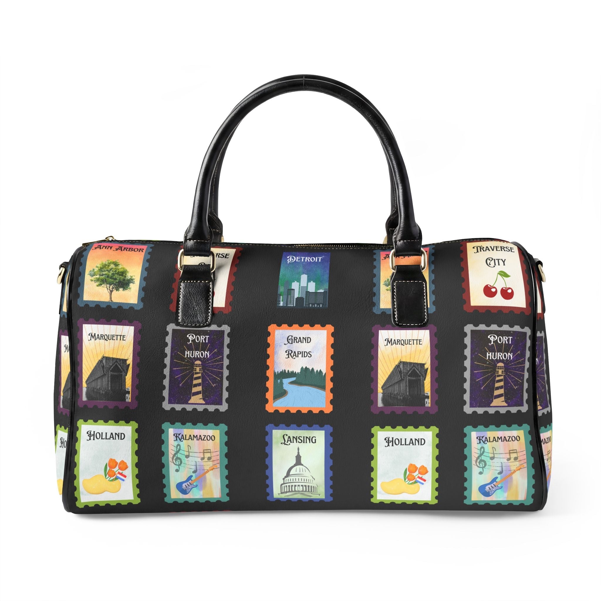 Michigan Cities Postage Stamp Leather Travel Bag, Stamp Print PU leather bag featuring Michigan cities Bags La Vie Bien Michigan Cities Postage Stamp Leather Travel Bag, Stamp Print PU leather bag featuring Michigan cities