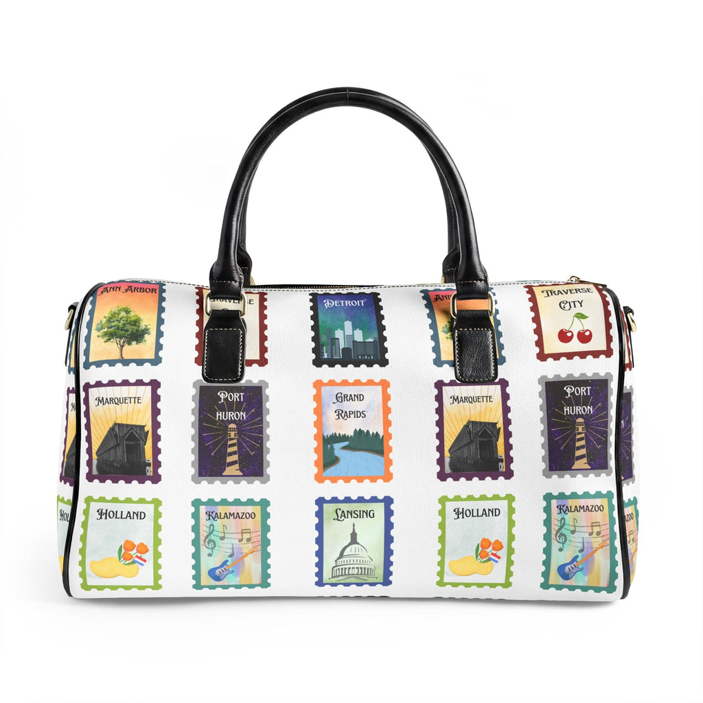 Michigan Cities Postage Stamp Leather Travel Bag, Stamp Print PU leather bag featuring Michigan cities Bags La Vie Bien Michigan Cities Postage Stamp Leather Travel Bag, Stamp Print PU leather bag featuring Michigan cities
