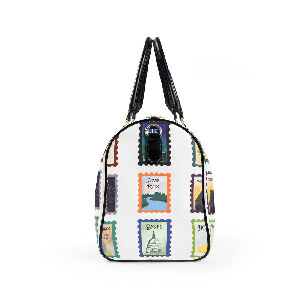 Michigan Cities Postage Stamp Leather Travel Bag, Stamp Print PU leather bag featuring Michigan cities Bags La Vie Bien Michigan Cities Postage Stamp Leather Travel Bag, Stamp Print PU leather bag featuring Michigan cities