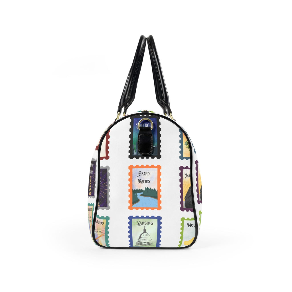 Michigan Cities Postage Stamp Leather Travel Bag, Stamp Print PU leather bag featuring Michigan cities Bags La Vie Bien Michigan Cities Postage Stamp Leather Travel Bag, Stamp Print PU leather bag featuring Michigan cities