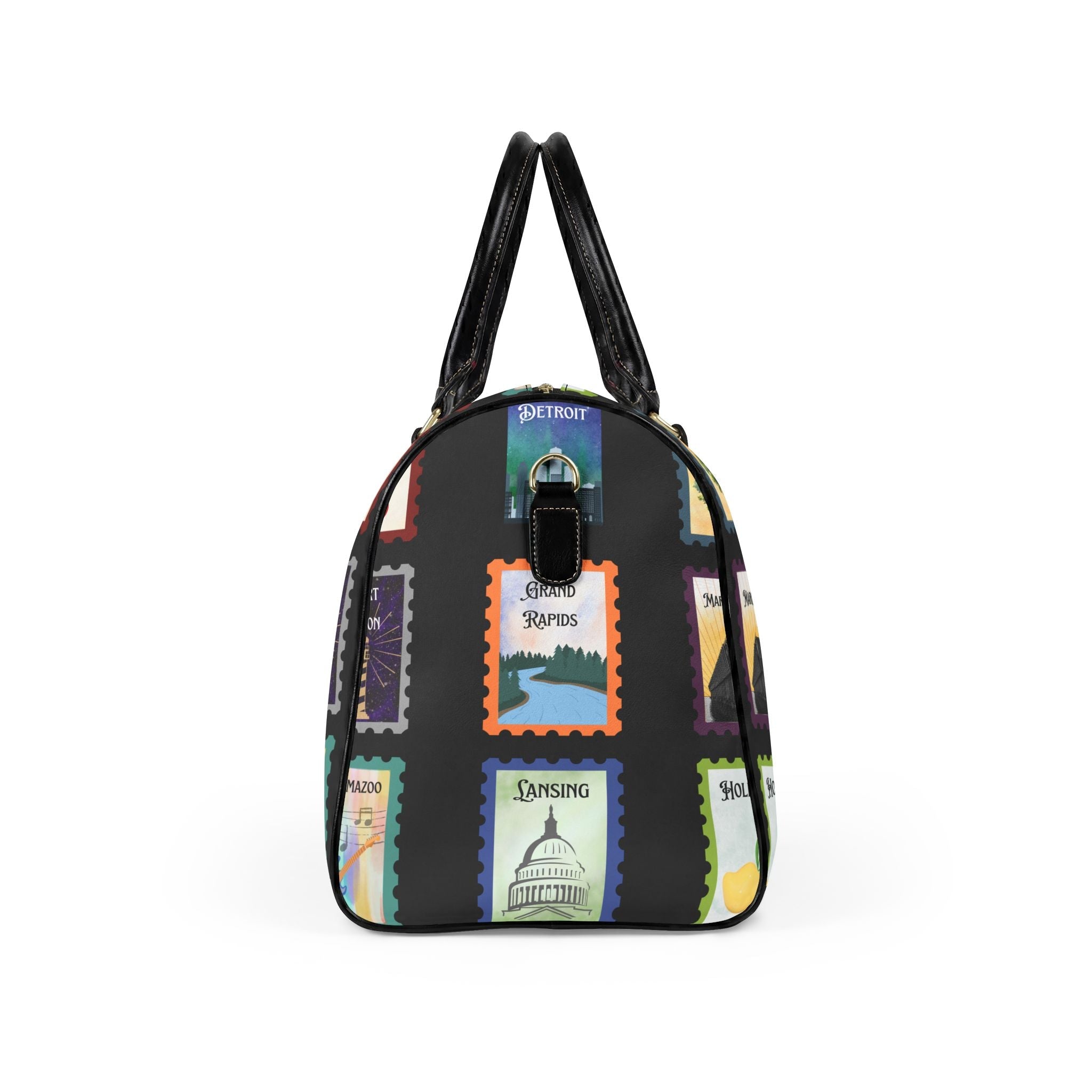 Michigan Cities Postage Stamp Leather Travel Bag, Stamp Print PU leather bag featuring Michigan cities Bags La Vie Bien Michigan Cities Postage Stamp Leather Travel Bag, Stamp Print PU leather bag featuring Michigan cities