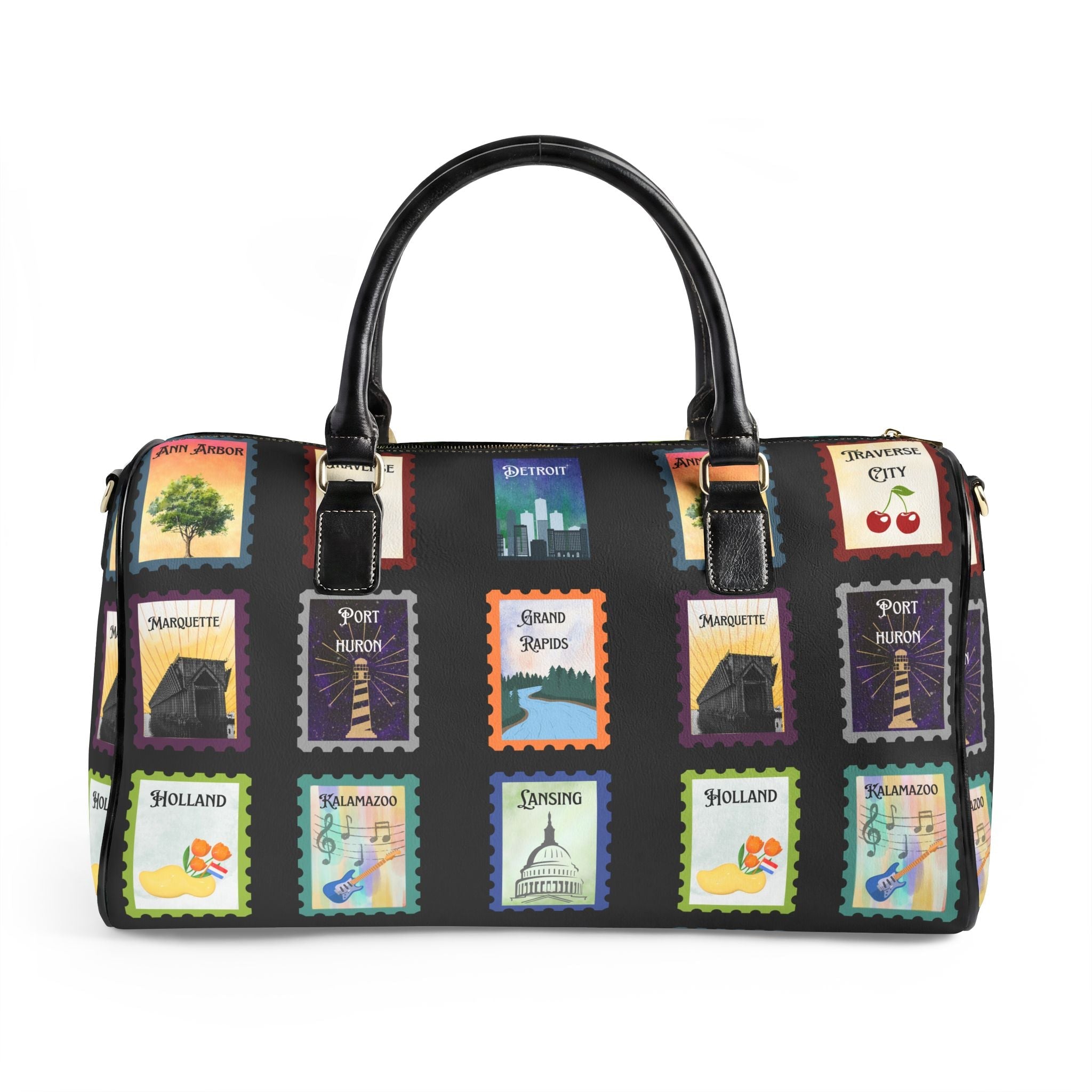 Michigan Cities Postage Stamp Leather Travel Bag, Stamp Print PU leather bag featuring Michigan cities Bags La Vie Bien Michigan Cities Postage Stamp Leather Travel Bag, Stamp Print PU leather bag featuring Michigan cities