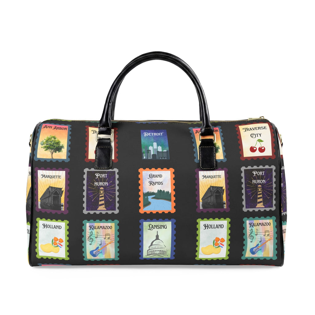 Michigan Cities Postage Stamp Leather Travel Bag, Stamp Print PU leather bag featuring Michigan cities Bags La Vie Bien Michigan Cities Postage Stamp Leather Travel Bag, Stamp Print PU leather bag featuring Michigan cities