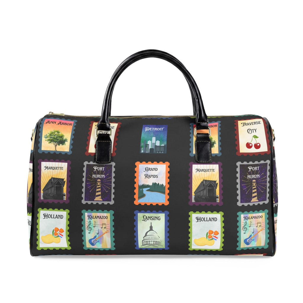 Michigan Cities Postage Stamp Leather Travel Bag, Stamp Print PU leather bag featuring Michigan cities Bags La Vie Bien Michigan Cities Postage Stamp Leather Travel Bag, Stamp Print PU leather bag featuring Michigan cities