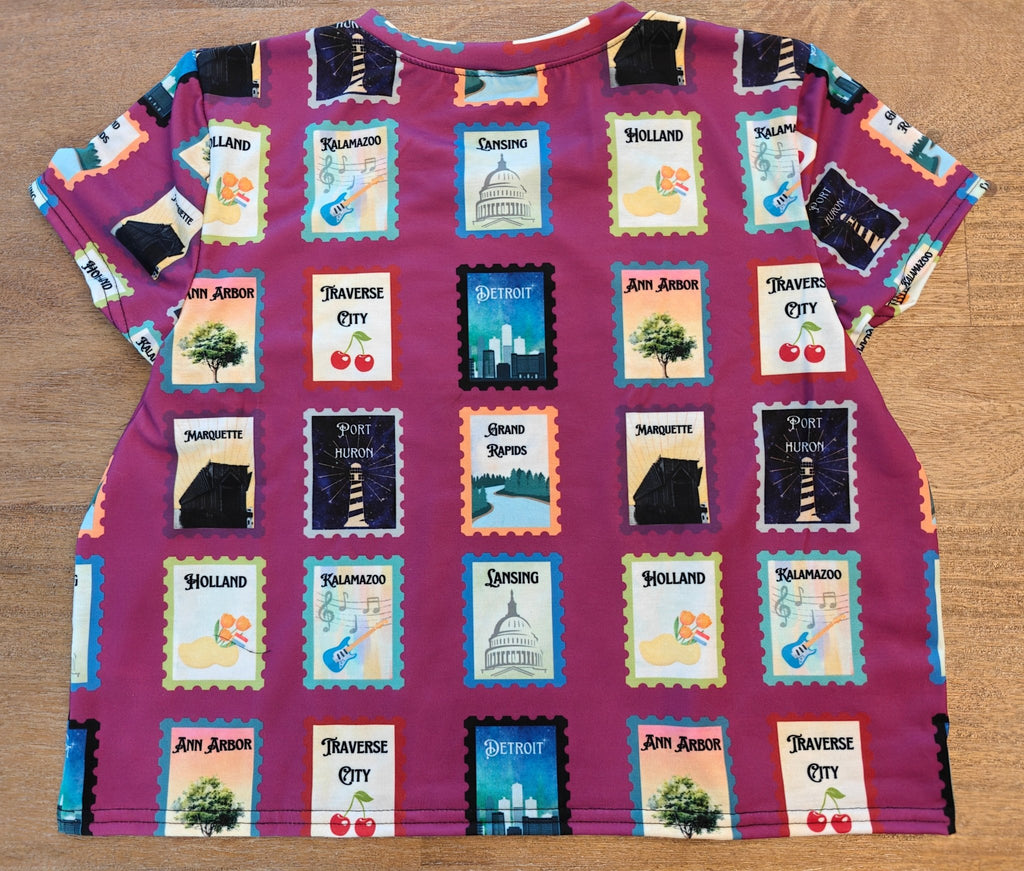 Michigan cities postage stamps Crop Tee- featuring Grand rapids, Marquette, Kalamazoo and more! All Over Prints La Vie Bien Michigan cities postage stamps Crop Tee- featuring Grand rapids, Marquette, Kalamazoo and more!