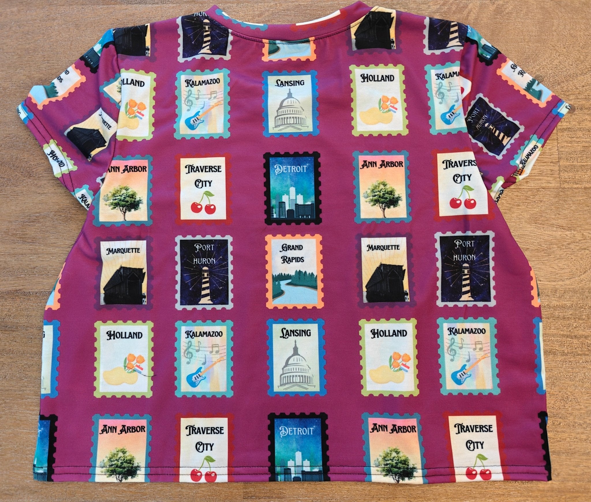 Michigan cities postage stamps Crop Tee- featuring Grand rapids, Marquette, Kalamazoo and more! All Over Prints La Vie Bien Michigan cities postage stamps Crop Tee- featuring Grand rapids, Marquette, Kalamazoo and more!