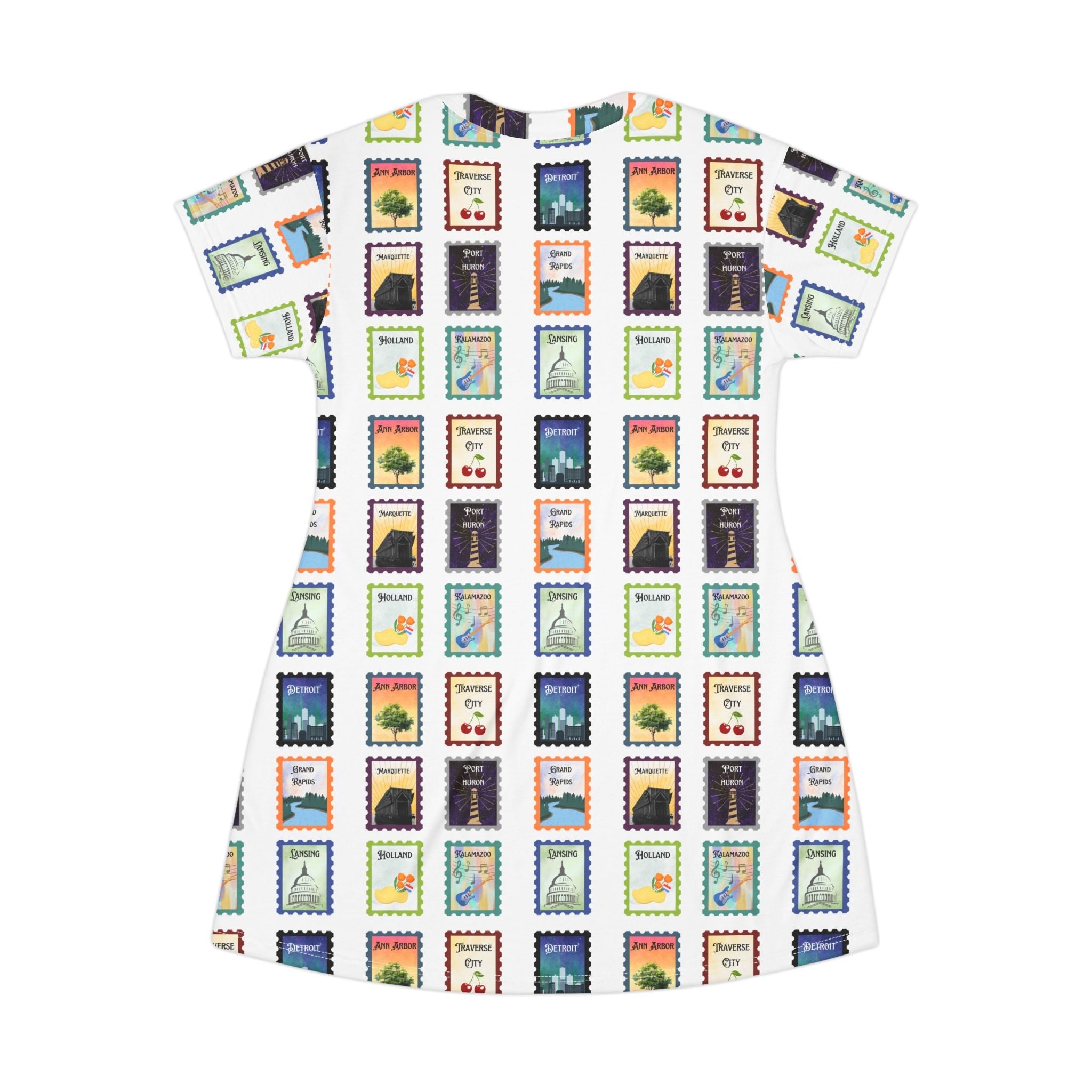 Michigan Cities Postage Stamps Pattern T‑Shirt Dress — Vintage Postal Collage featuring Michigan's beloved landmarks All Over Prints La Vie Bien Michigan Cities Postage Stamps Pattern T‑Shirt Dress — Vintage Postal Collage featuring Michigan's beloved landmarks