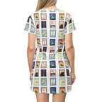 Michigan Cities Postage Stamps Pattern T‑Shirt Dress — Vintage Postal Collage featuring Michigan's beloved landmarks All Over Prints La Vie Bien Michigan Cities Postage Stamps Pattern T‑Shirt Dress — Vintage Postal Collage featuring Michigan's beloved landmarks