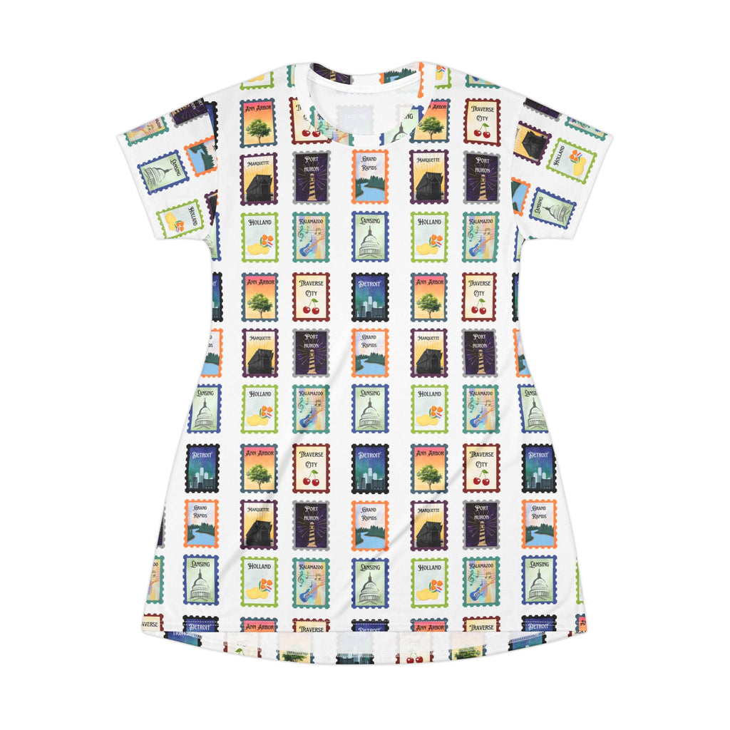 Michigan Cities Postage Stamps Pattern T‑Shirt Dress — Vintage Postal Collage featuring Michigan's beloved landmarks All Over Prints La Vie Bien Michigan Cities Postage Stamps Pattern T‑Shirt Dress — Vintage Postal Collage featuring Michigan's beloved landmarks