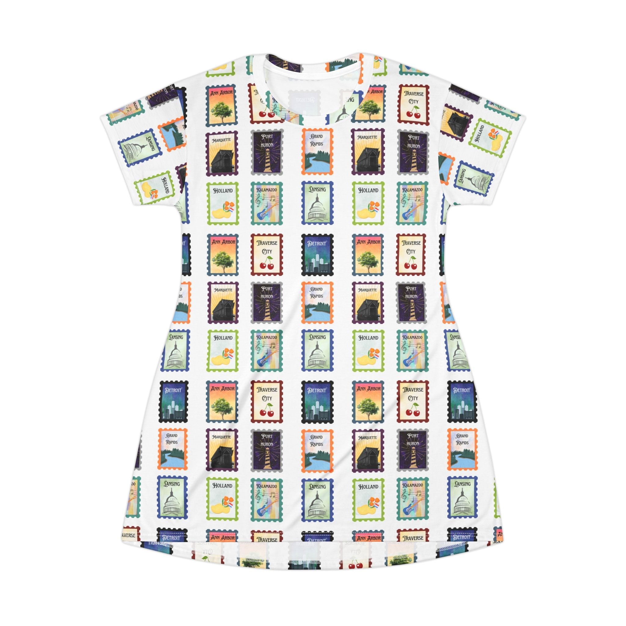 Michigan Cities Postage Stamps Pattern T‑Shirt Dress — Vintage Postal Collage featuring Michigan's beloved landmarks All Over Prints La Vie Bien Michigan Cities Postage Stamps Pattern T‑Shirt Dress — Vintage Postal Collage featuring Michigan's beloved landmarks