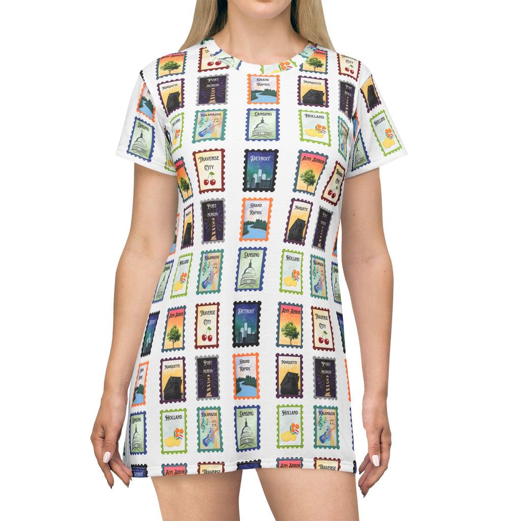 Michigan Cities Postage Stamps Pattern T‑Shirt Dress — Vintage Postal Collage featuring Michigan's beloved landmarks All Over Prints La Vie Bien Michigan Cities Postage Stamps Pattern T‑Shirt Dress — Vintage Postal Collage featuring Michigan's beloved landmarks