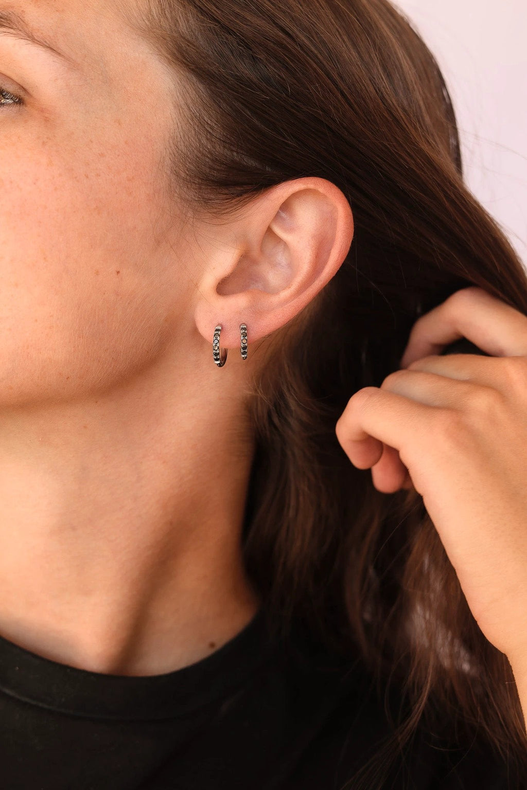 Micro Crystal Hoop in Black by Rose & Clay
