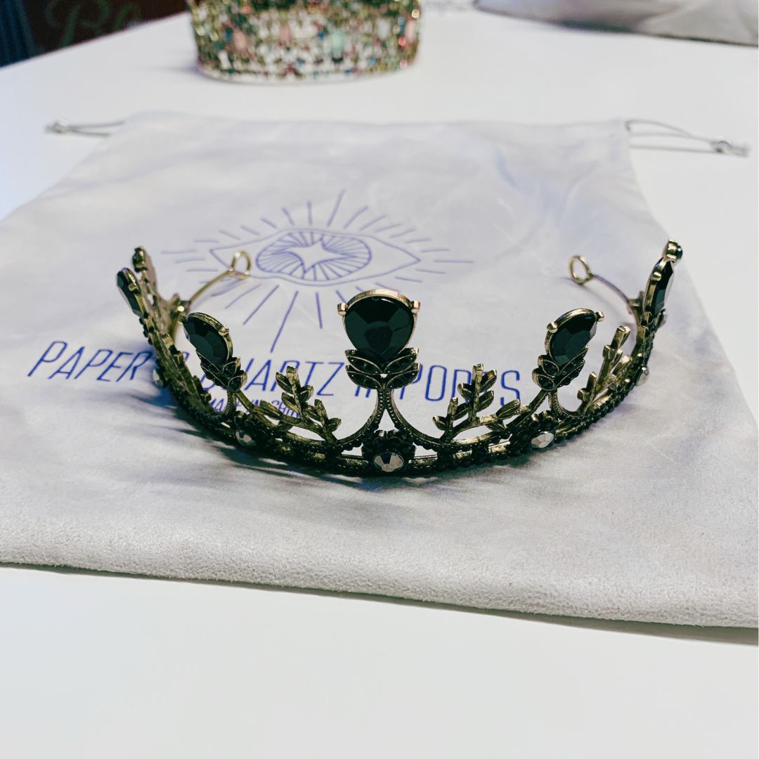 Midnight Blossom Tiara Crown in Gold with Black Gems | Dark Princess Gothic Crown Party or Bridal Hair Accessory