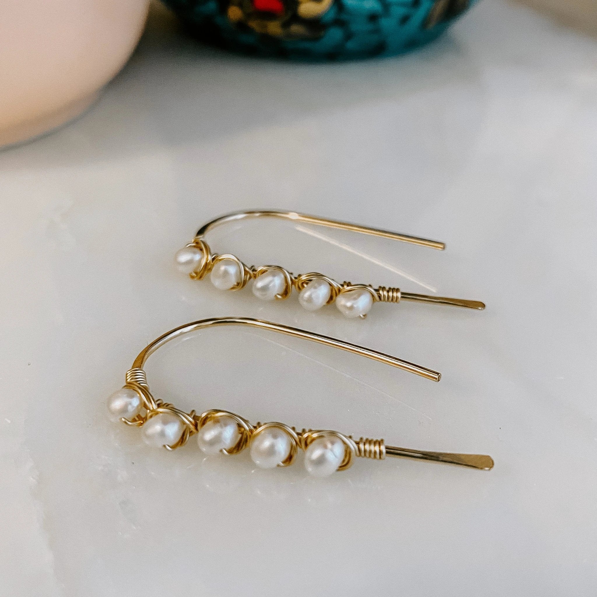 Mini Pearl U Shaped Threader Earrings by Derive Jewelry