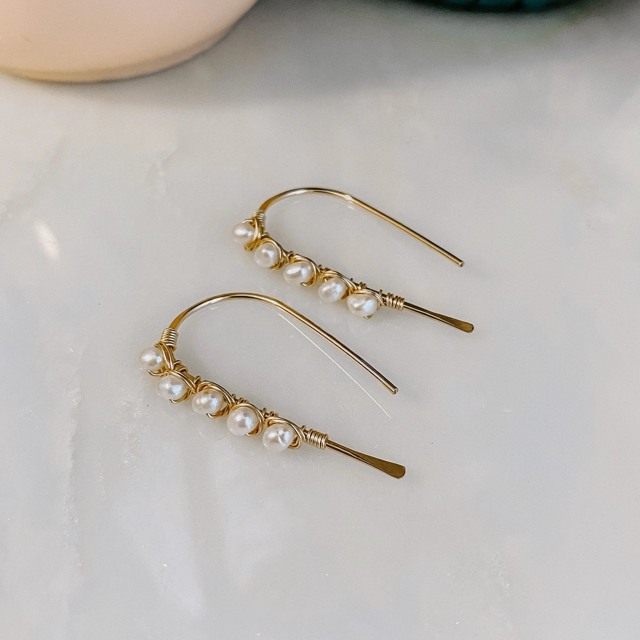 Mini Pearl U Shaped Threader Earrings by Derive Jewelry