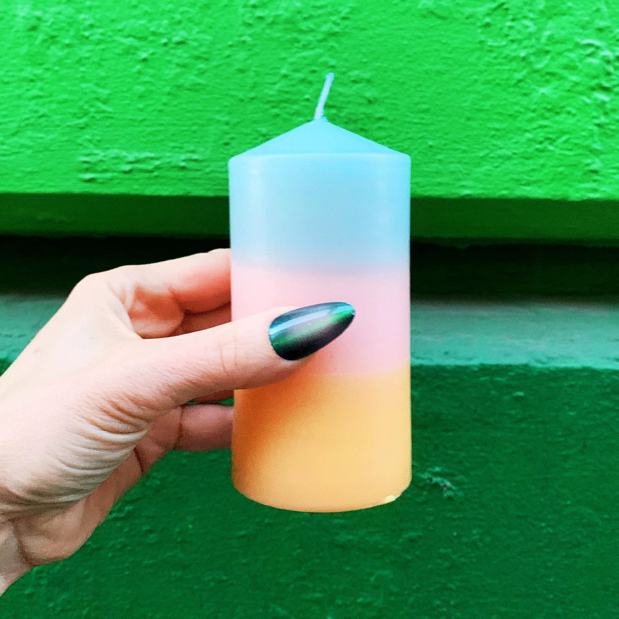 Mini Pillar Candle in Blue Pink Orange | Tri-Colored Ombre Aesthetic Table Candle 4.75" by The Bullish Store