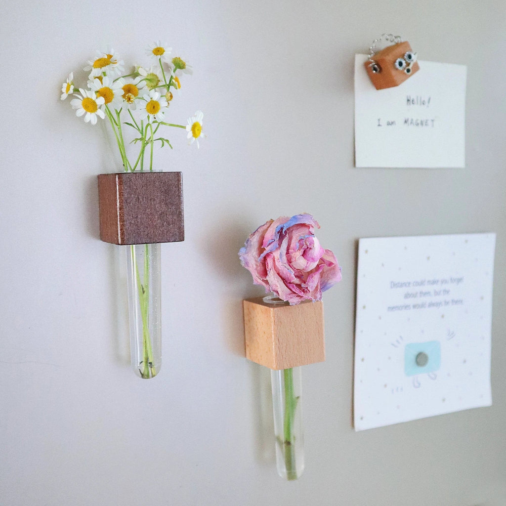 Mini Vase Magnets – Set of 2 – Beech & Walnut Wood – Decorative Fridge Magnets for Small Flowers or Greenery by Kitsville